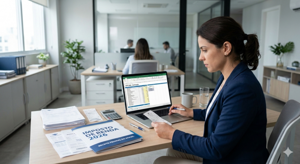 imagem moderna sobre declaração do imposto de renda no Brasil, mostrando um contribuinte organizando documentos financeiros, recibos médicos, computador com planilha aberta, calculadora, pasta com a escrita “Imposto de Renda 2026”, ambiente de escritório contábil, estilo profissional, cores azul, branco e cinza claro, design clean, visual corporativo, iluminação suave, alta qualidade