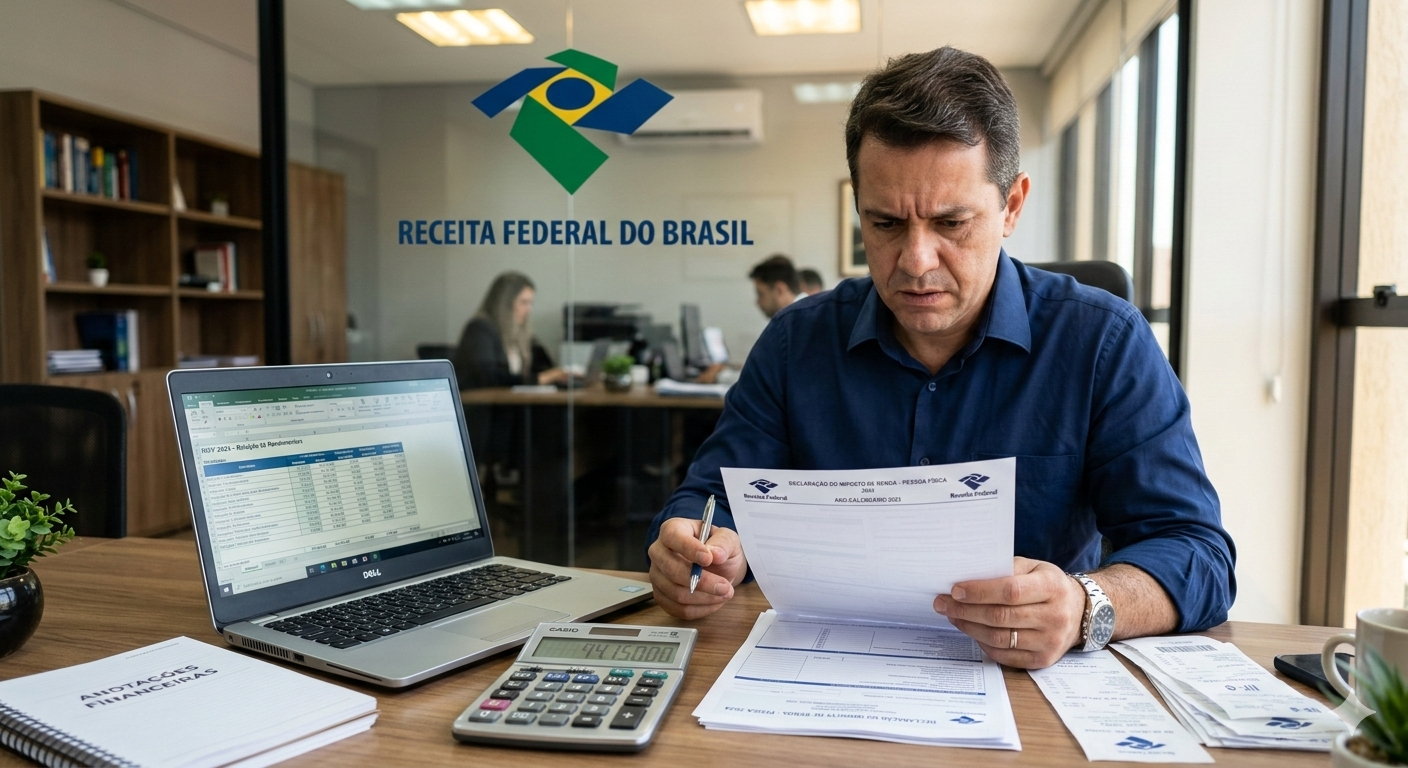 Imagem realista para blog de contabilidade mostrando um contribuinte preocupado analisando documentos de imposto de renda em uma mesa com notebook, calculadora e papéis financeiros, com destaque para formulário de declaração de imposto e símbolo da Receita Federal ao fundo, estilo corporativo, iluminação profissional, cores azul, branco e cinza, visual moderno e profissional
