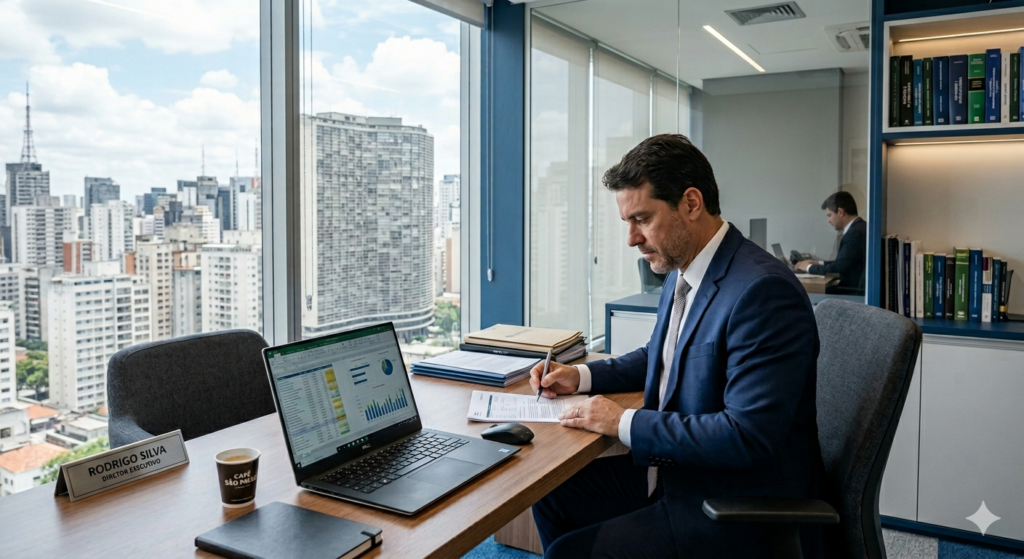 Empresário brasileiro analisando documentos e notebook em um escritório moderno, com elementos de cidade de São Paulo ao fundo (prédios urbanos), ambiente organizado, tons em azul, branco e cinza, estilo corporativo, iluminação natural, imagem realista, alta qualidade