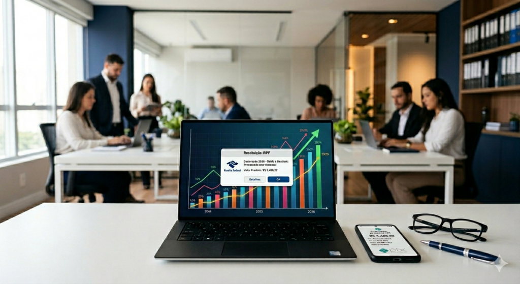 imagem de uma Fotografia corporativa profissional, fundo de um escritório de contabilidade moderno com desfoque suave (bokeh). Em primeiro plano, uma tela de notebook de alta qualidade exibindo um gráfico de crescimento financeiro colorido e uma notificação escrita 'Restituição IRPF'. Ao lado do notebook, sobre uma mesa branca e limpa, um smartphone exibindo uma transação Pix, um par de óculos e uma caneta executiva. Paleta de cores: azul marinho profissional, branco puro e cinza claro. Alta resolução, 8k, iluminação clara e arejada