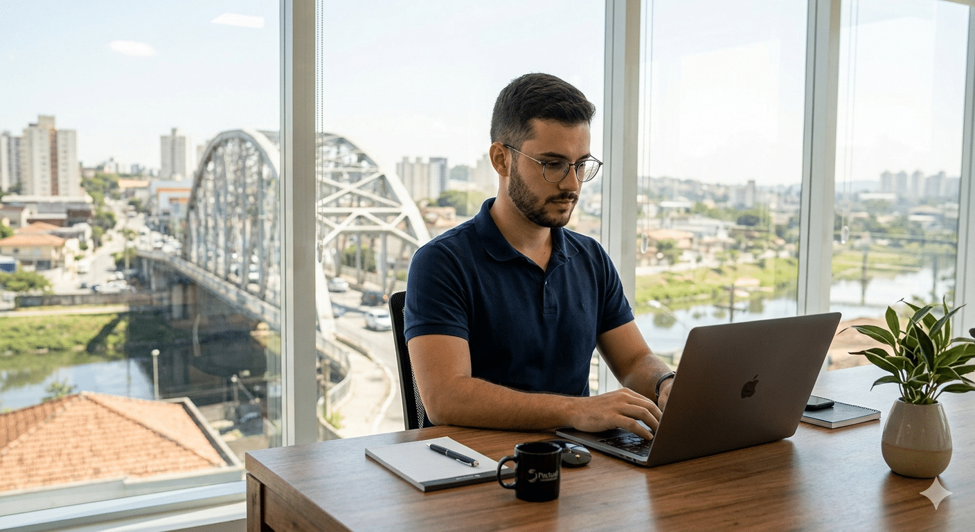 Uma fotografia profissional de estilo "banco de imagens" com iluminação natural. No primeiro plano, um homem jovem, com barba aparada, usando óculos e uma camisa polo moderna, está focado trabalhando em um notebook MacBook Pro em uma mesa de madeira. Através de uma grande janela de vidro atrás dele, vê-se a paisagem urbana de Osasco, com destaque visível para a Ponte Metálica (Ponte Reinaldo de Oliveira). A atmosfera é produtiva, moderna e conectada. Alta resolução, estilo fotorrealista.
