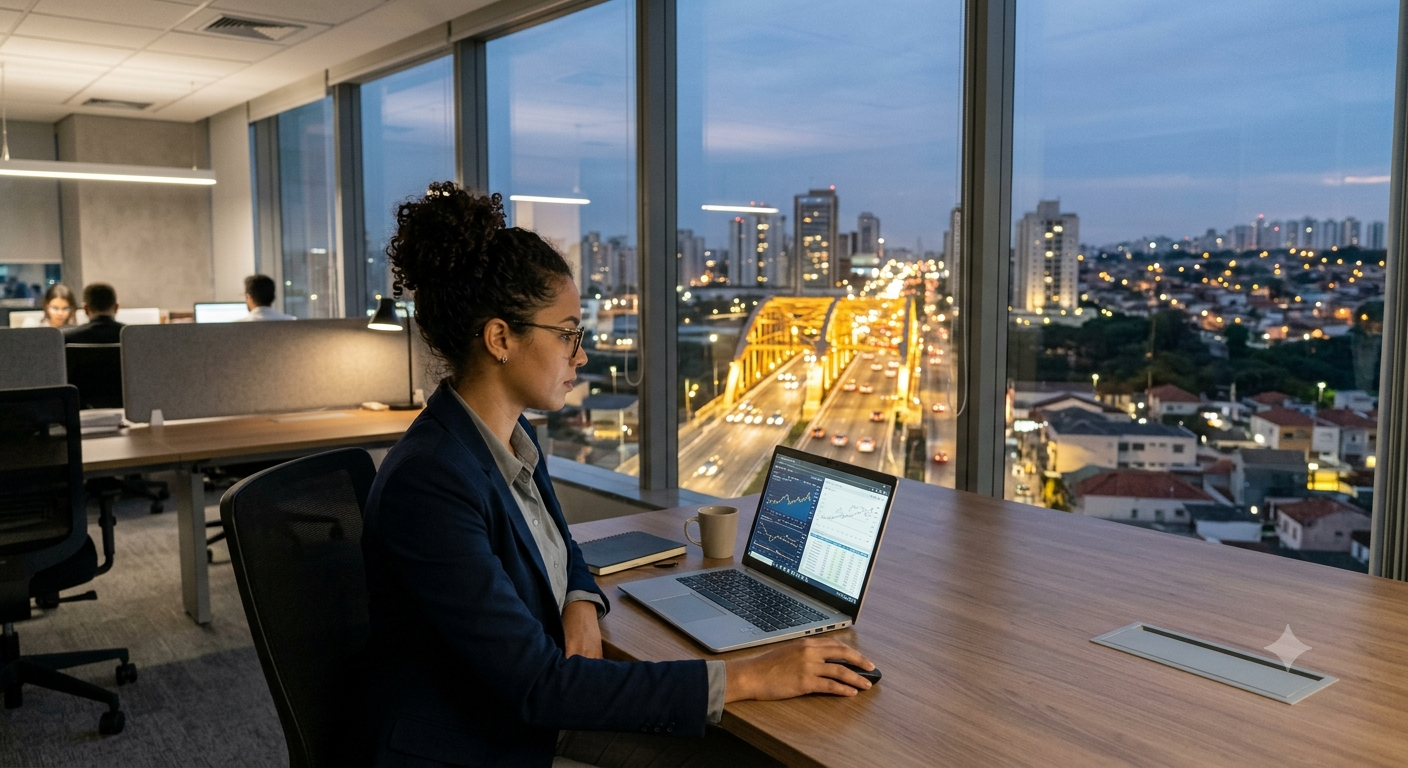 Imagem de um Profissional analista em um escritório moderno consultando dados financeiros em um notebook, com o mapa ou a vista urbana de Osasco ao fundo