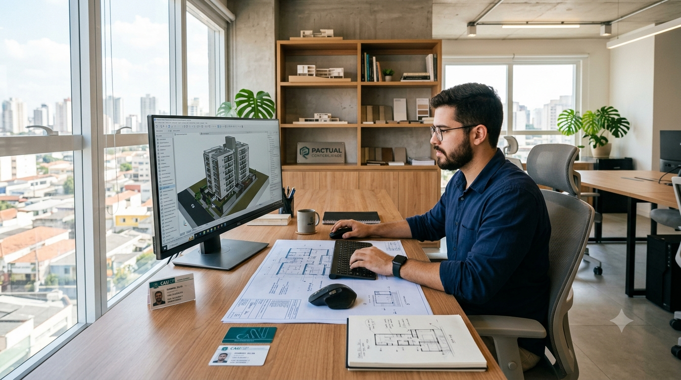 Um escritório de arquitetura moderno e luminoso, com um jovem arquiteto profissional trabalhando em um projeto de edifício em 3D no computador, mesa com plantas e projetos, iluminação natural, ambiente profissional e limpo, fotorrealista
