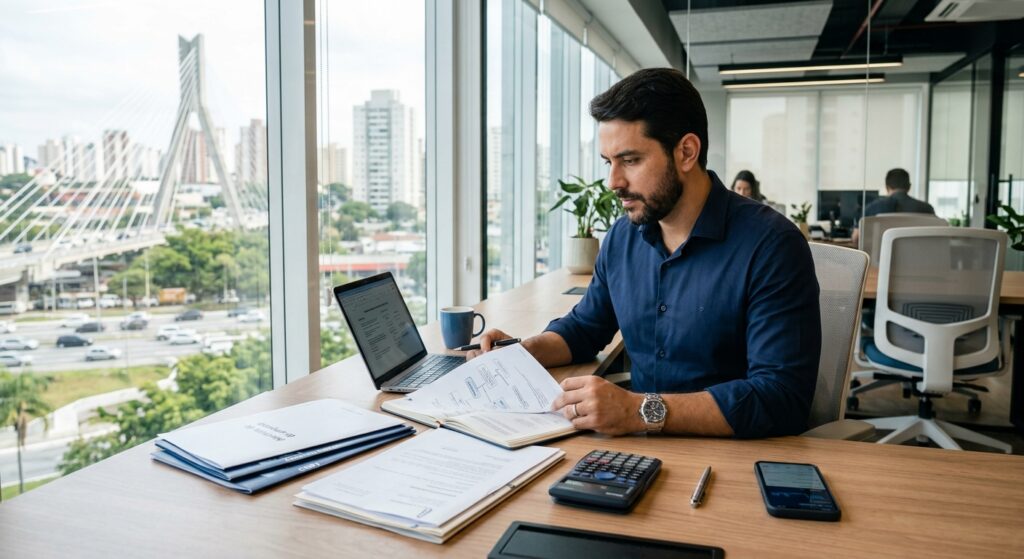 Empreendedor brasileiro prestador de serviços trabalhando em escritório moderno em Osasco-SP, analisando documentos de abertura de empresa em um notebook, documentos empresariais, calculadora e celular sobre a mesa, ambiente profissional, elementos sutis que remetam à cidade de Osasco, fotografia corporativa realista, iluminação natural, composição sofisticada, identidade visual em azul, branco e cinza claro, sem textos, sem logotipos