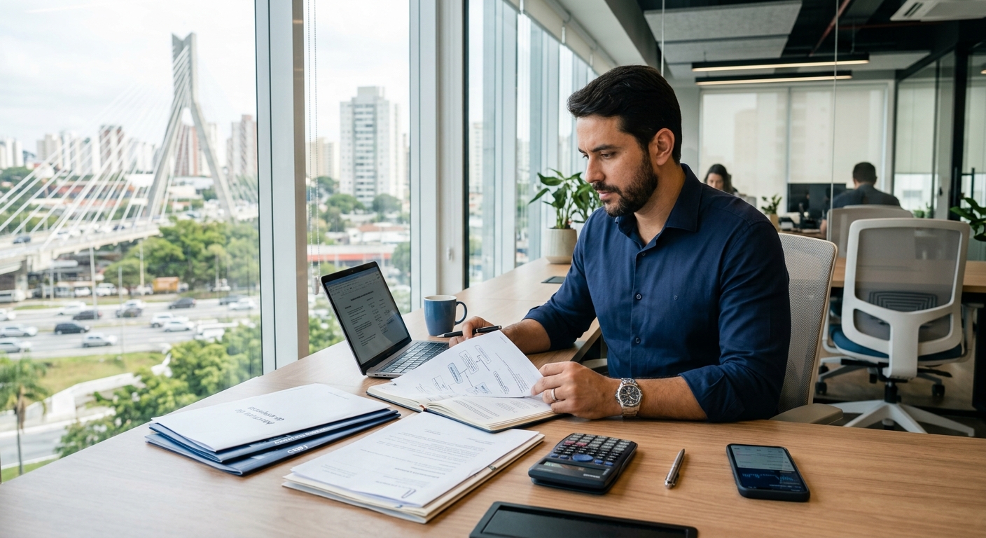 Empreendedor brasileiro prestador de serviços trabalhando em escritório moderno em Osasco-SP, analisando documentos de abertura de empresa em um notebook, documentos empresariais, calculadora e celular sobre a mesa, ambiente profissional, elementos sutis que remetam à cidade de Osasco, fotografia corporativa realista, iluminação natural, composição sofisticada, identidade visual em azul, branco e cinza claro, sem textos, sem logotipos