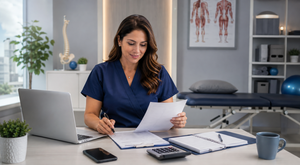 Fisioterapeuta em seu consultório moderno sorrindo enquanto analisa documentos de abertura de empresa e estrutura societária, com notebook e planilha financeira sobre a mesa.