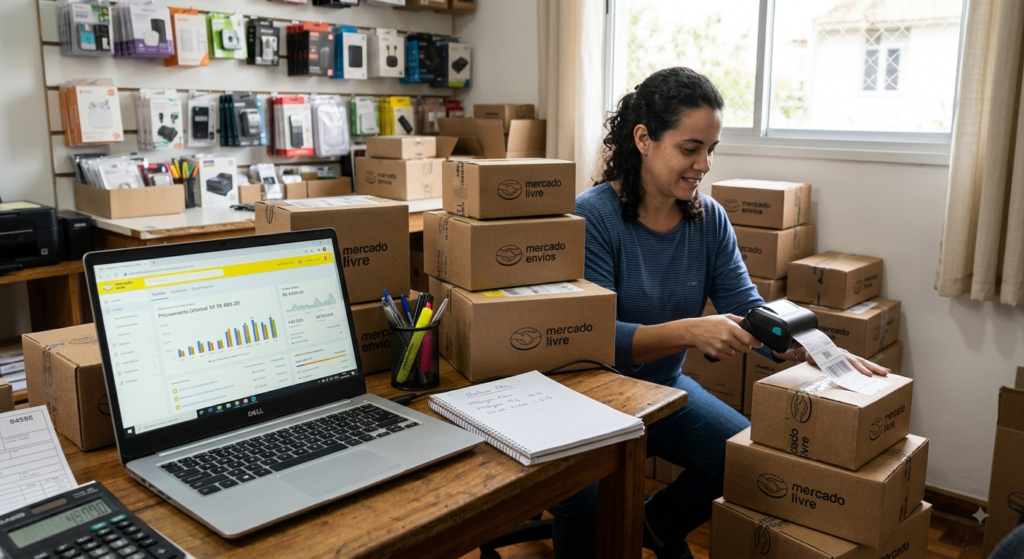 lustração moderna ou foto de alta qualidade mostrando um empreendedor organizando caixas com etiquetas de envio ao lado de um laptop exibindo gráficos de vendas de e-commerce.