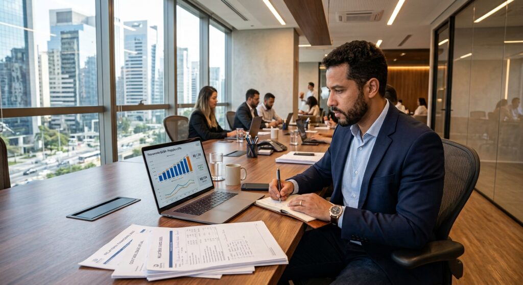magem de um empreendedor de tecnologia brasileiro em escritório moderno, analisando notebook com gráficos financeiros e documentos contábeis, ambiente corporativo sofisticado.