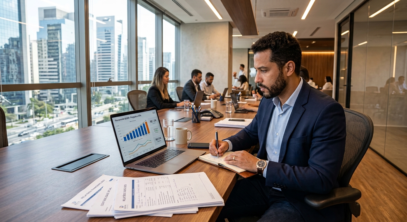 magem de um empreendedor de tecnologia brasileiro em escritório moderno, analisando notebook com gráficos financeiros e documentos contábeis, ambiente corporativo sofisticado.
