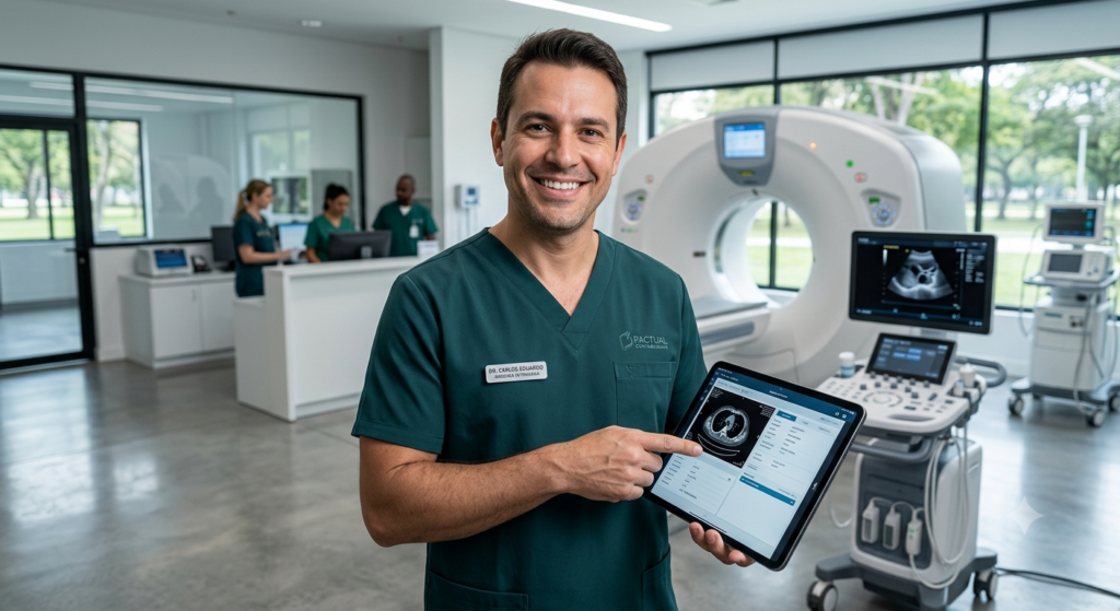 Médico veterinário sorridente de jaleco ou pijama cirúrgico com tablet na mão, em ambiente clínico moderno de fundo, transmitindo profissionalismo e tecnologia.