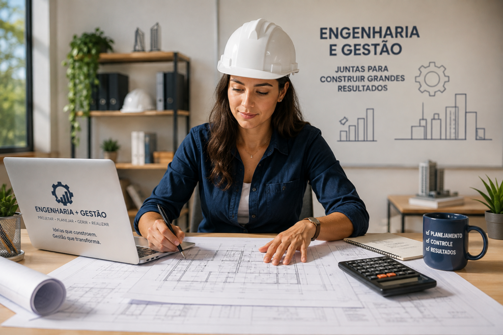 imagem de uma Engenheira usando capacete de proteção e alinhando projetos/plantas técnicas sobre uma mesa com um notebook e uma calculadora ao lado, transmitindo união entre engenharia e gestão