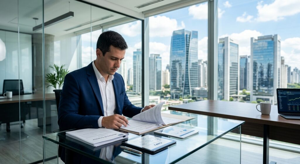 imagem profissional e moderna para um artigo de blog sobre “Como abrir empresa em Barueri”. Mostrar uma composição empresarial sofisticada inspirada em Barueri/SP, com prédios corporativos modernos, referência visual sutil à região de Alphaville, empreendedor analisando documentos e elementos que remetam à abertura de CNPJ, contabilidade e formalização empresarial. Estética corporativa, limpa e contemporânea, predominância de azul, branco e tons de cinza claro, iluminação natural, aparência realista, sem pessoas identificáveis, sem logotipos, sem textos e sem marcas