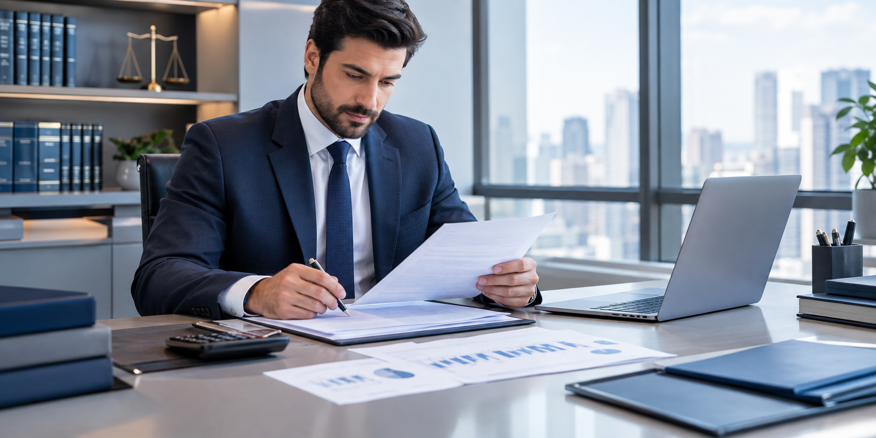 Imagem profissional e moderna para artigo de blog sobre tributação para advogado PJ. Mostrar um advogado brasileiro em um escritório de advocacia contemporâneo, analisando documentos empresariais e financeiros sobre uma mesa, acompanhado de elementos visuais sutis relacionados a CNPJ, planejamento tributário, contabilidade, gráficos financeiros e organização empresarial