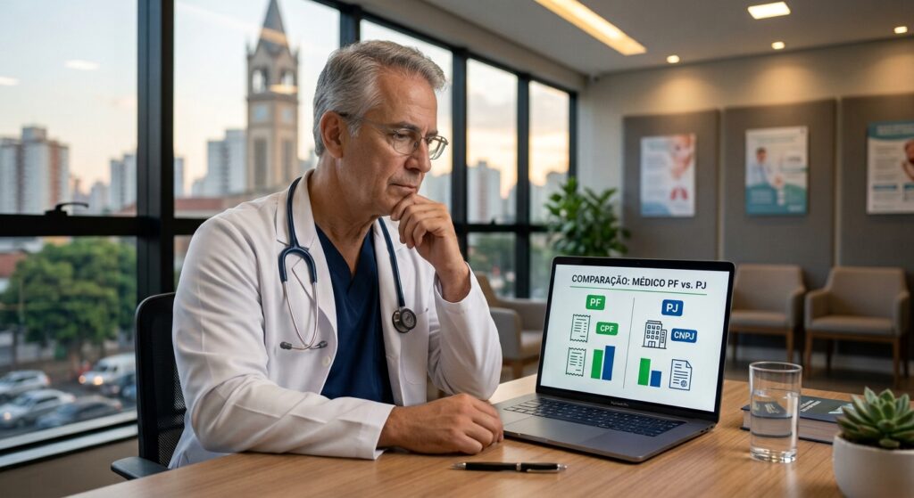 Um médico jovem, de scrubs médicos azuis e jaleco branco, sentado em um escritório de consultório moderno e bem iluminado. Ele está olhando pensativamente para um tablet ou laptop em sua mesa de madeira clara, que exibe um gráfico de comparação nítido dividido em dois lados: "PF" com ícones de recibos, e "PJ" com ícones de um prédio corporativo e documentos de CNPJ.