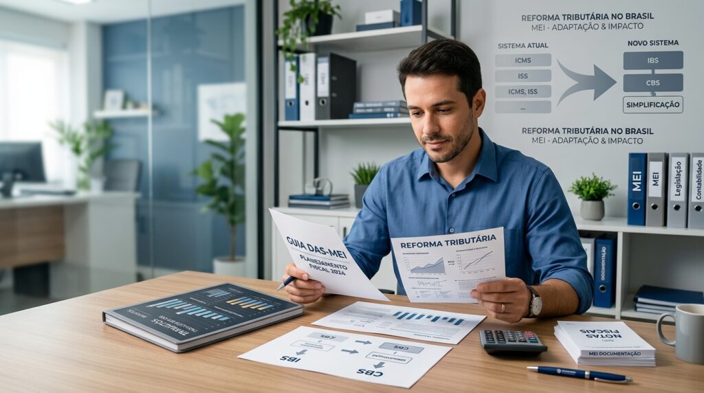 Empreendedor analisando documentos fiscais e gráficos sobre a Reforma Tributária em um ambiente de escritório moderno, planejando a transição do MEI com tranquilidade e organização.