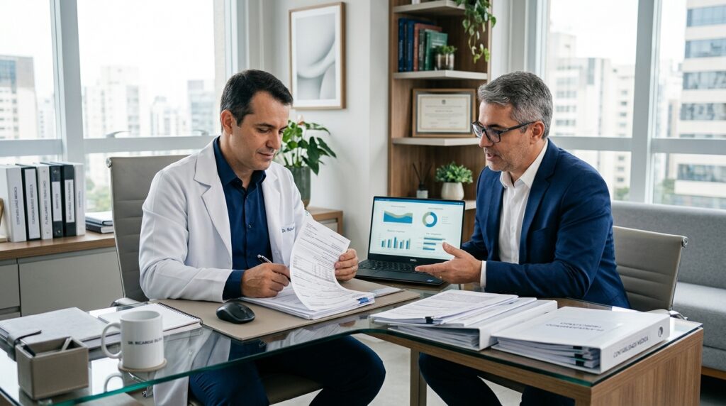 Médico em seu consultório reunido com contador analisando documentos e gráficos financeiros em um notebook.