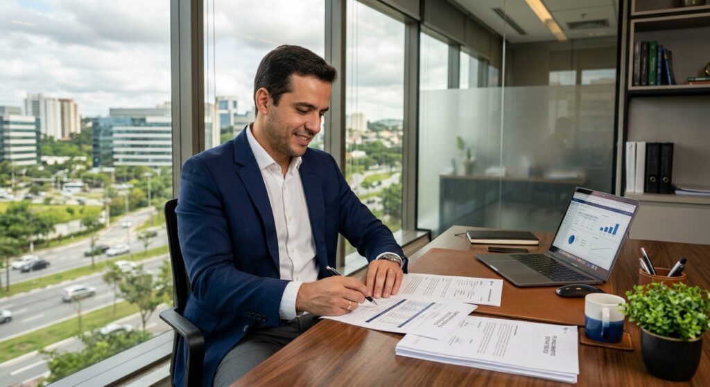 Empreendedor analisando documentos empresariais em escritório moderno, com notebook sobre a mesa e paisagem urbana ao fundo, representando abertura e planejamento de empresas em Cotia e Granja Viana.