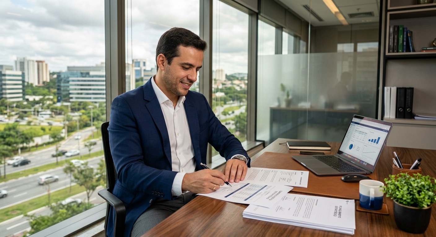 Empreendedor analisando documentos empresariais em escritório moderno, com notebook sobre a mesa e paisagem urbana ao fundo, representando abertura e planejamento de empresas em Cotia e Granja Viana.
