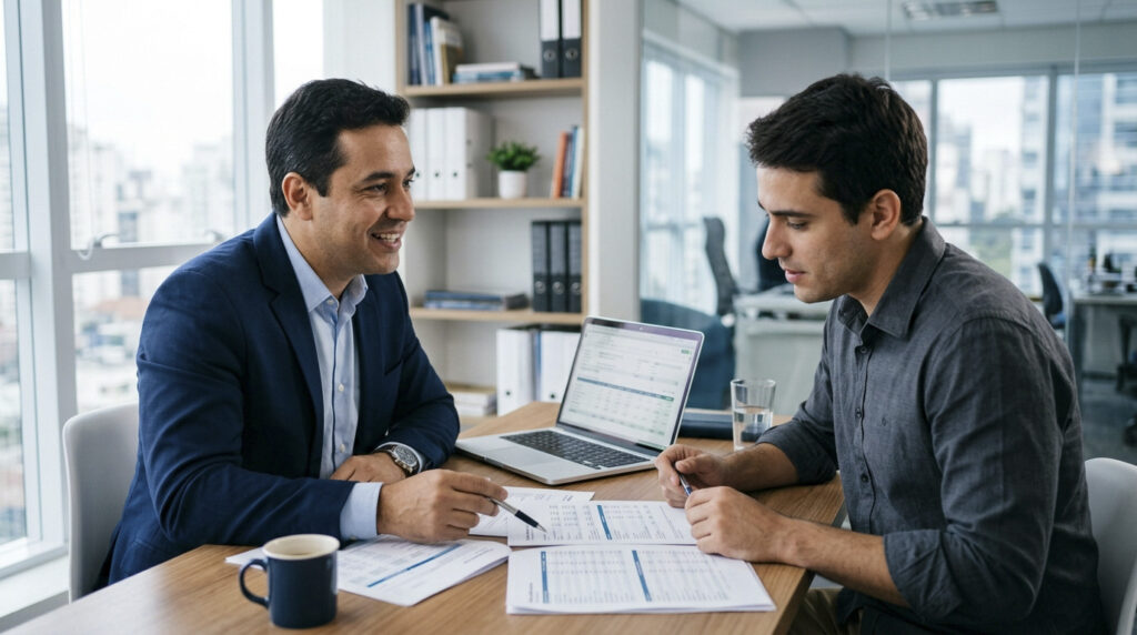 contador brasileiro conversando com um pequeno empresário em um escritório moderno e organizado. Ambos analisam documentos financeiros genéricos e informações em um notebook, demonstrando atenção, confiança e colaboração.