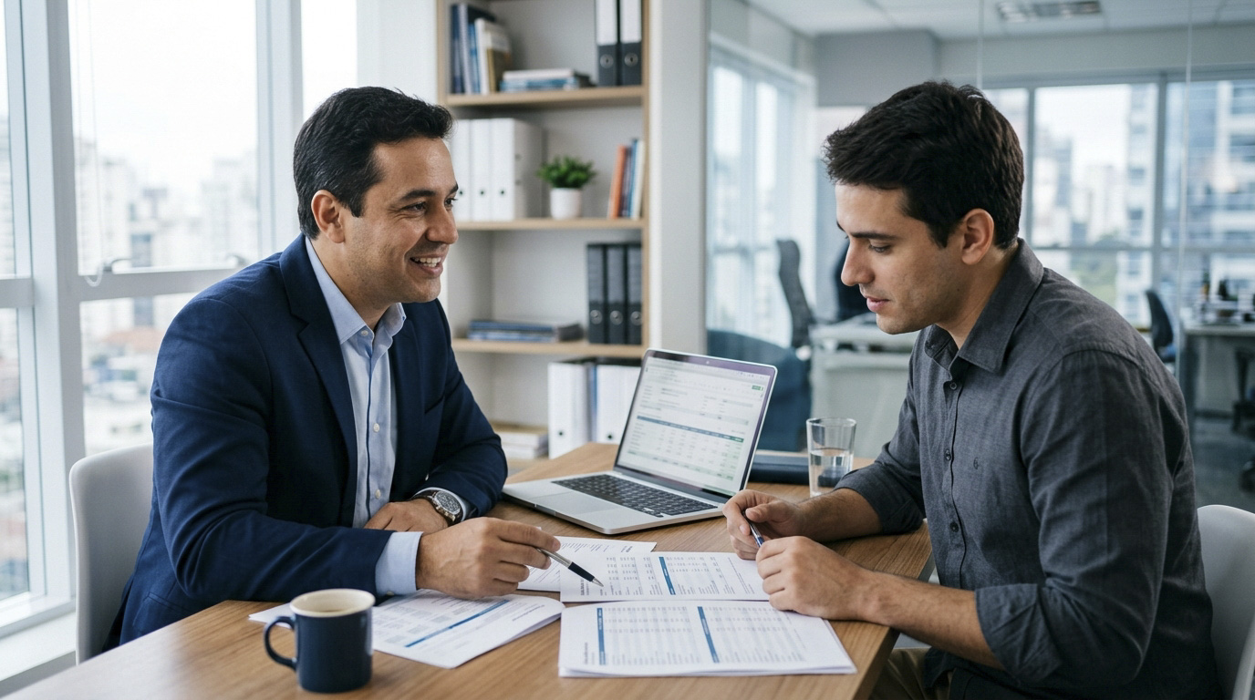 contador brasileiro conversando com um pequeno empresário em um escritório moderno e organizado. Ambos analisam documentos financeiros genéricos e informações em um notebook, demonstrando atenção, confiança e colaboração.