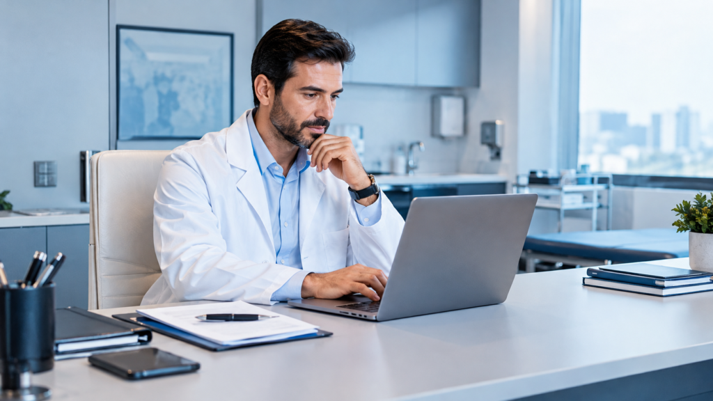 A imagem mostra um médico brasileiro em um consultório moderno e sofisticado, trabalhando em seu notebook enquanto analisa documentos e informações relacionadas à gestão da clínica. O ambiente, com predominância de tons de azul, branco e cinza claro, transmite organização, tecnologia, profissionalismo e confiança.