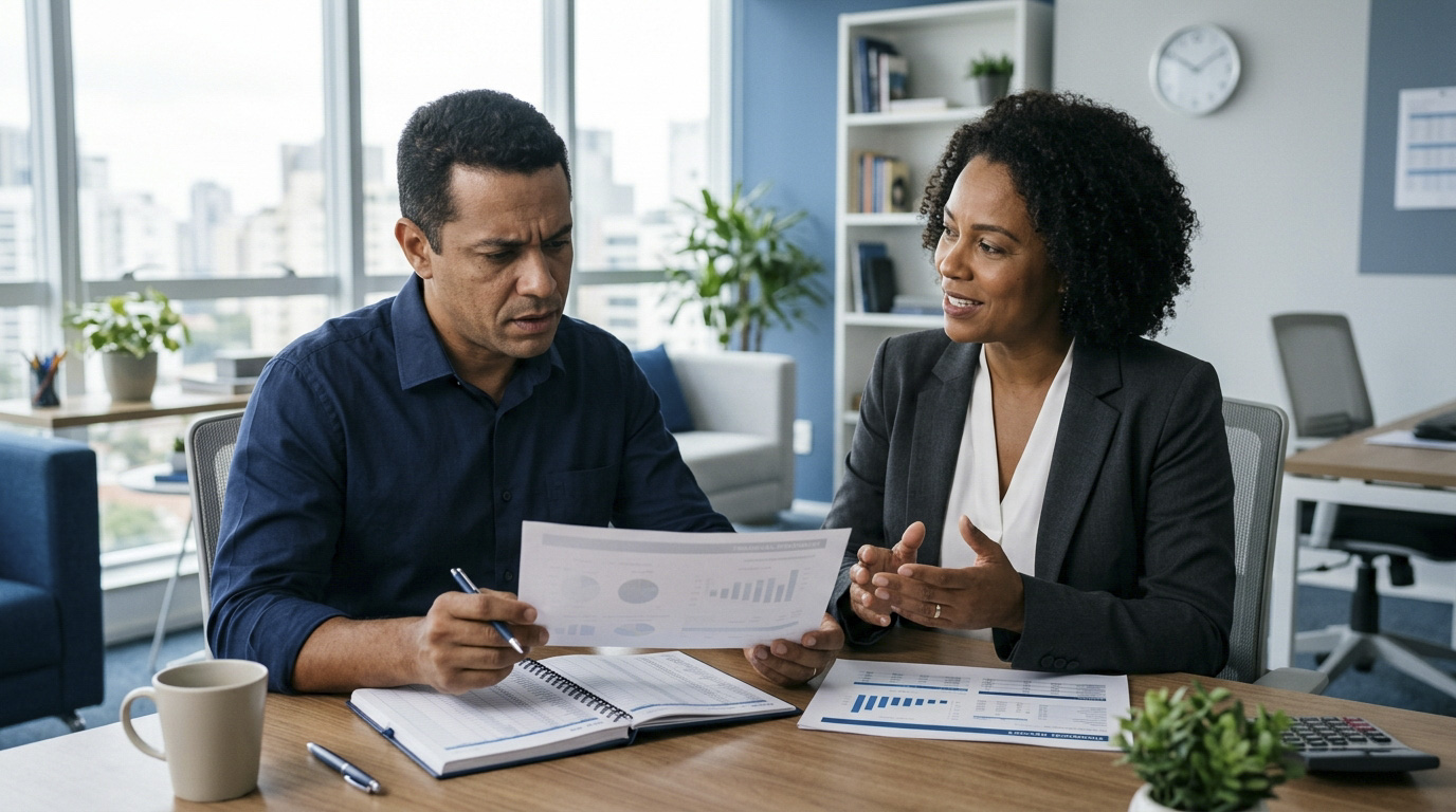 Fotografia editorial corporativa profissional, realista e natural, em formato horizontal 16:9. Mostrar um pequeno empresário brasileiro sentado à mesa de trabalho, analisando documentos financeiros genéricos e um notebook aberto, com expressão de preocupação moderada e concentração ao avaliar os resultados da empresa. Ao lado dele, um contador brasileiro conversa de maneira acolhedora e profissional, orientando-o sobre a organização financeira do negócio