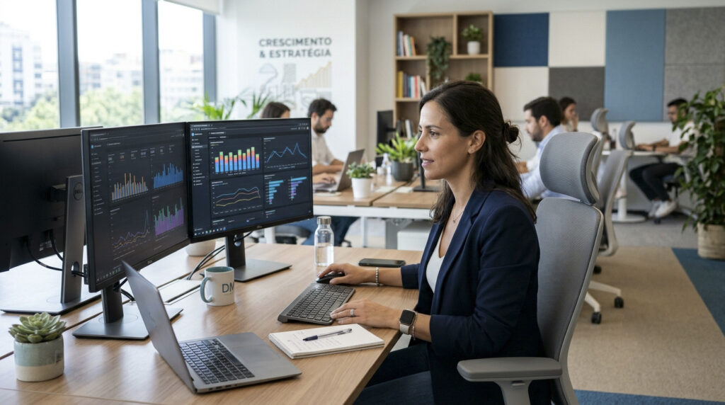 imagem editorial realista, em formato horizontal 16:9, mostrando um profissional de marketing digital trabalhando em um escritório moderno, analisando gráficos de desempenho de campanhas em dois monitores. Ambiente profissional, iluminação natural, paleta azul, branco e cinza-claro, transmitindo organização, crescimento e profissionalismo