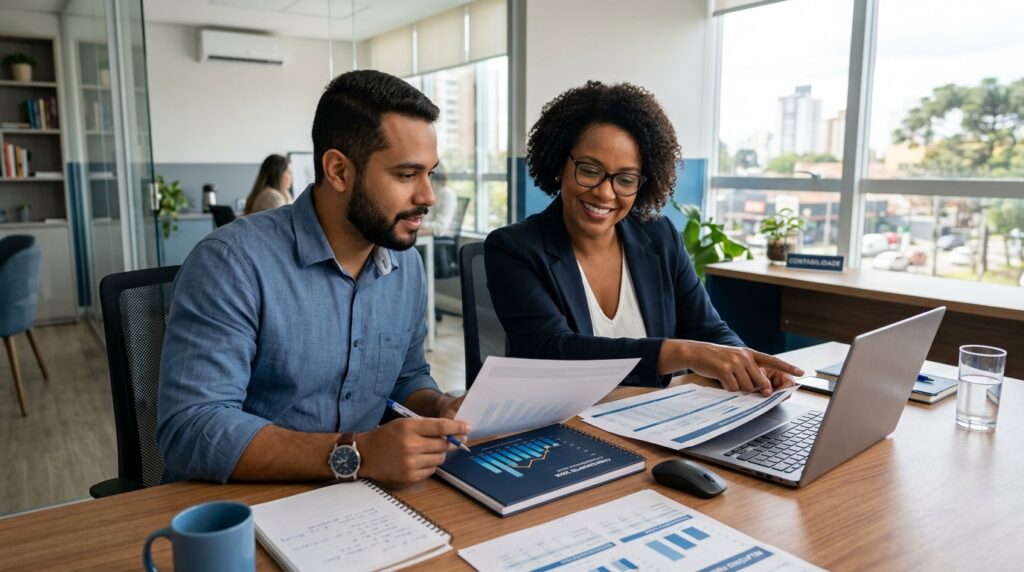 Microempreendedor e contadora analisando relatórios financeiros e dados no notebook em um escritório moderno com iluminação natural.