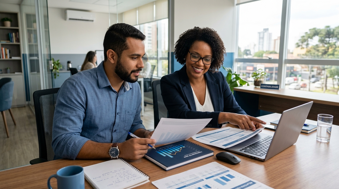 Microempreendedor e contadora analisando relatórios financeiros e dados no notebook em um escritório moderno com iluminação natural.