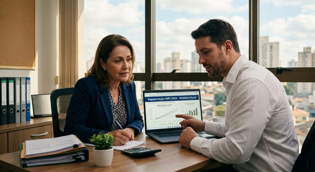 Uma imagem profissional mostra dois consultores de negócios sentados a uma mesa de escritório moderna, discutindo um relatório fiscal em um notebook. À esquerda, uma mulher ouve atentamente e faz anotações, enquanto à direita, um homem aponta para a tela, explicando gráficos de desempenho. O título na tela destaca "Regularização CNPJ 2026 - Relatório Fiscal". A mesa de madeira contém uma calculadora, planta e documentos. Ao fundo, uma janela exibe uma vista panorâmica da cidade. A imagem transmite profissionalismo e foco