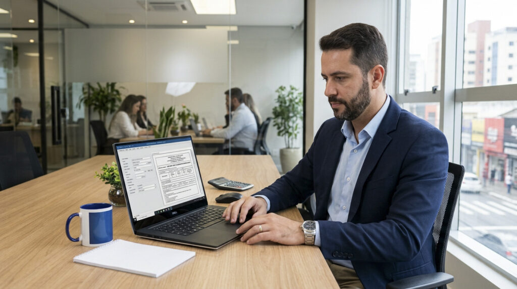 imagem destacada editorial em formato horizontal 16:9, com um empresário emitindo uma nota fiscal em um notebook, em um escritório moderno